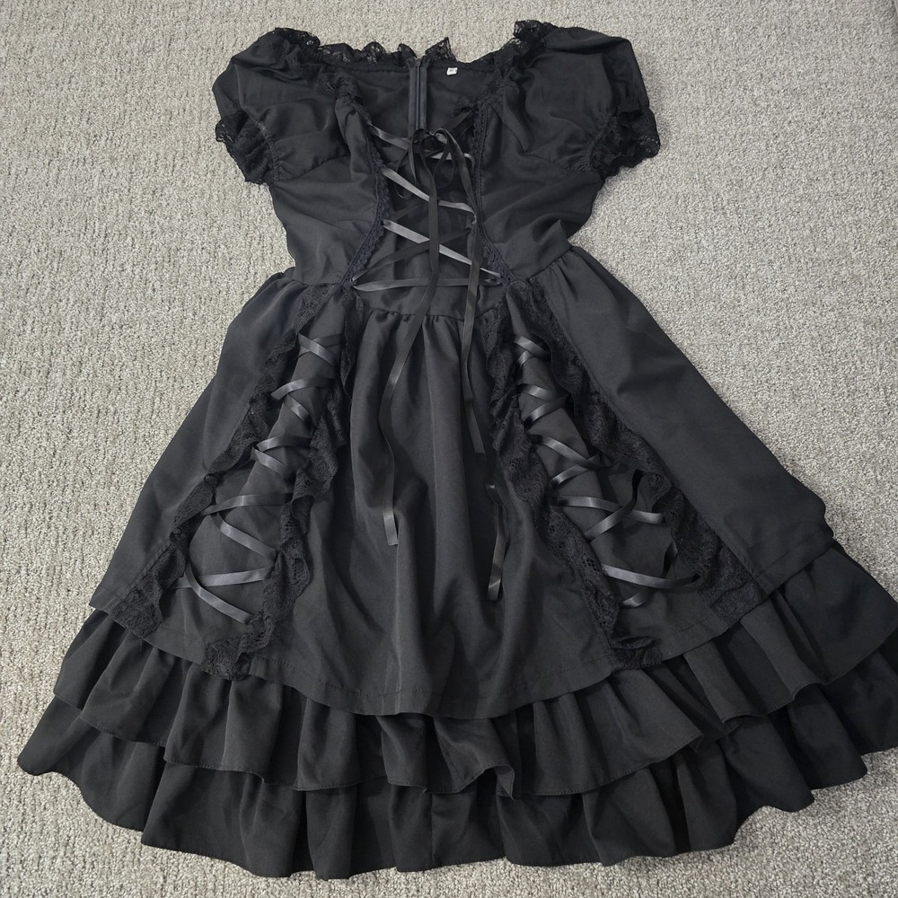 Black XL Gothic Corset Dress Lace Up High Low Ruffle Victorian Romantic Goth